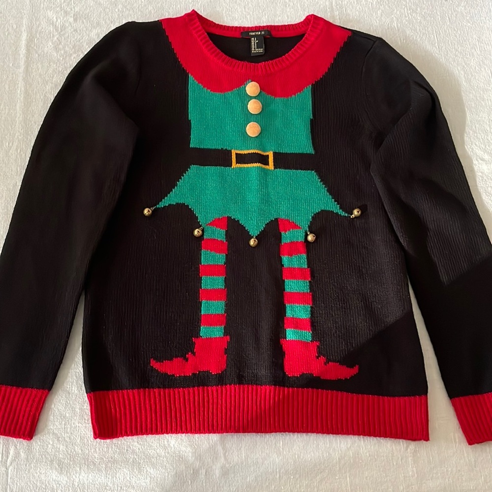 Black Forever 21 Ugly Christmas Sweater Elf with bells Size S